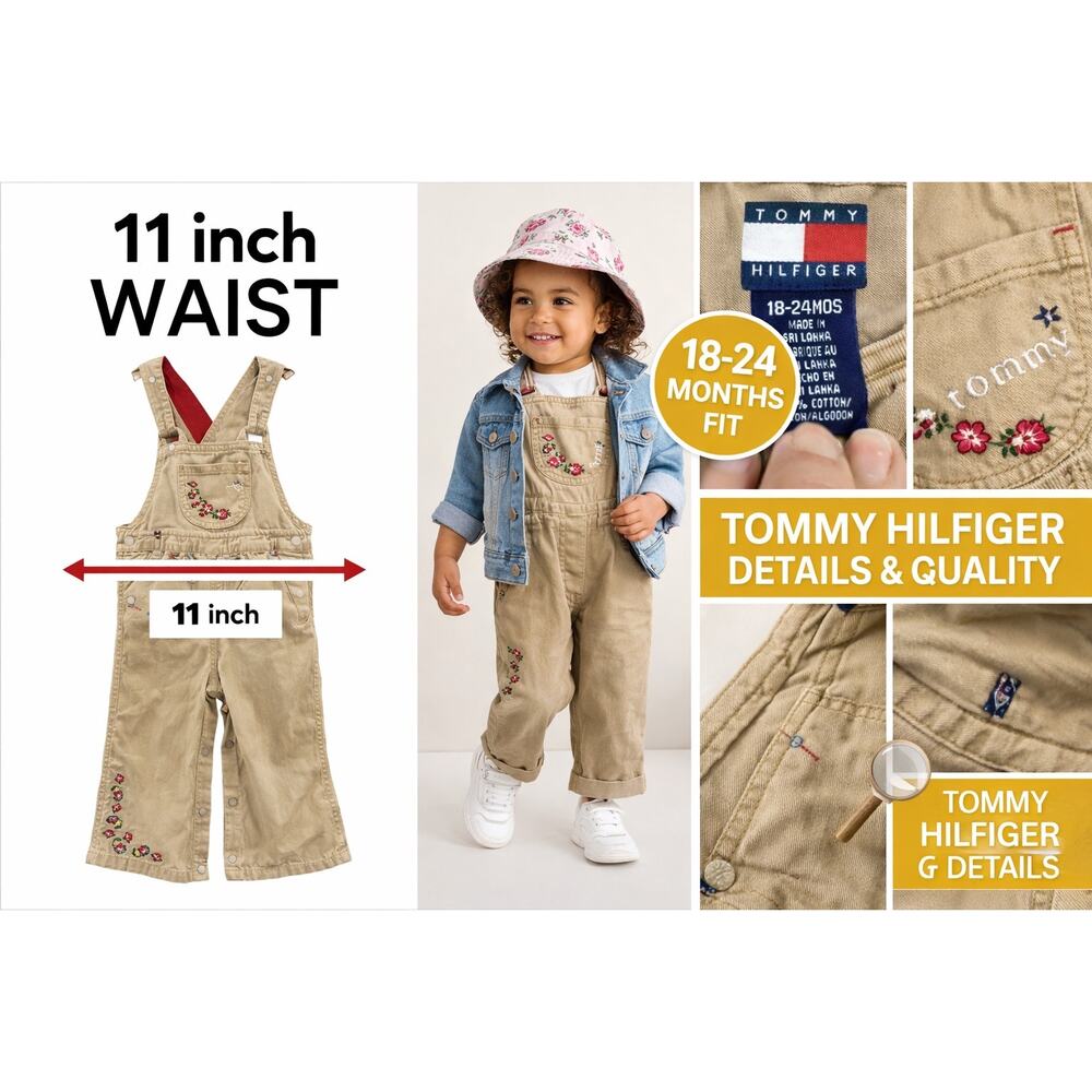 Tommy Hilfiger‎ Toddler Girl Overalls 18-24M Khaki Floral Embroidered Preppy Y2K